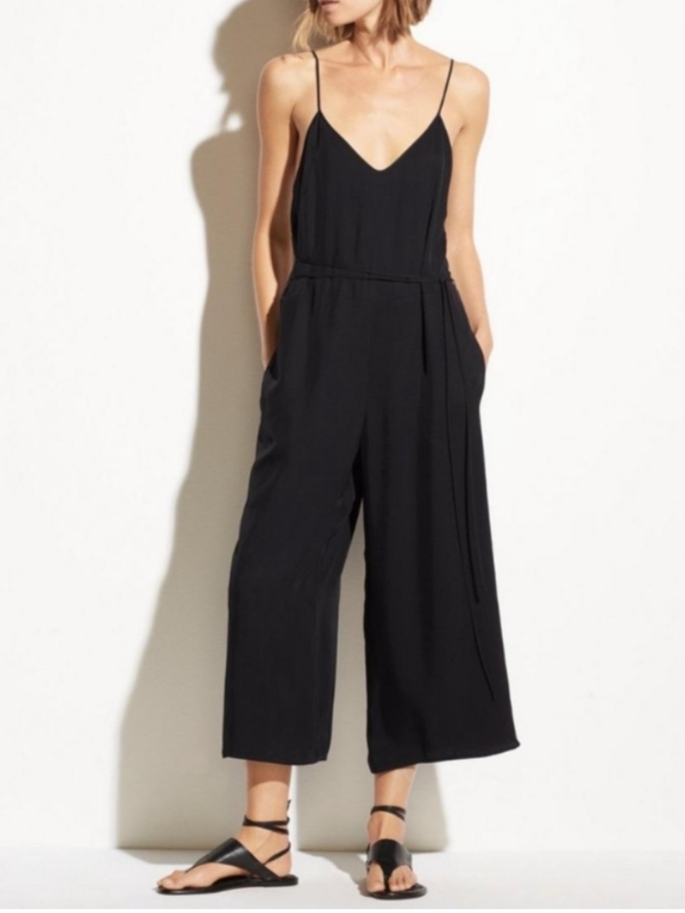 Vince Black Cami V Neck Triacetate Wide Leg Crop Jumpsuit, 10